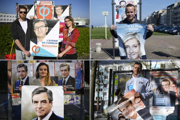 Montage de photo de colleurs d'affiches pour les 4 candidats en tête dans les sondages pour le premier tour, réalisé le 15 avril 2017: Jean-Luc Mélenchon, Marine Le Pen, François Fillon et Emmanuel Macron