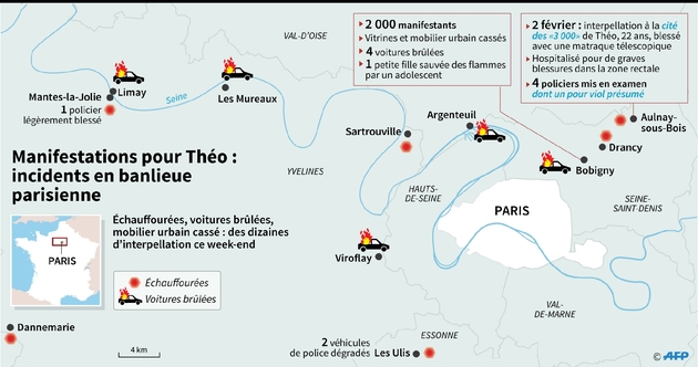 Carte de la grande banlieue de Paris répertoriant les principales manifestations et échauffourées du week-end liées aux suites de l'interpellation du jeune Théo à Aulnay-sous-Bois le 2 février 