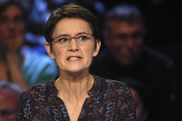 Nathalie Arthaud, candidate de Lutte ouvrière (LO) à la présidentielle, le 4 avril 2017 à La Plaine-Saint-Denis près de Paris