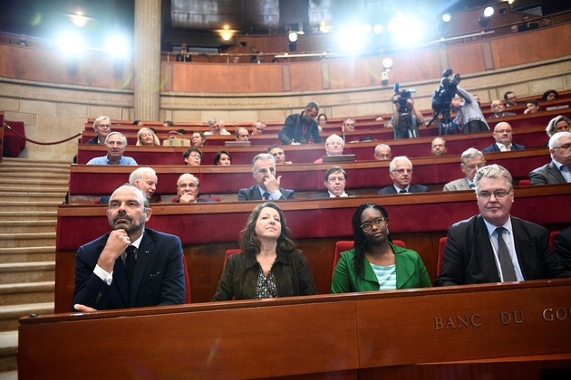 Au premier rang au Cese: Edouard Philippe, Agnès Buzyn, Sibeth NDiaye et Jean-Paul Delevoye, le 12 septembre 2019