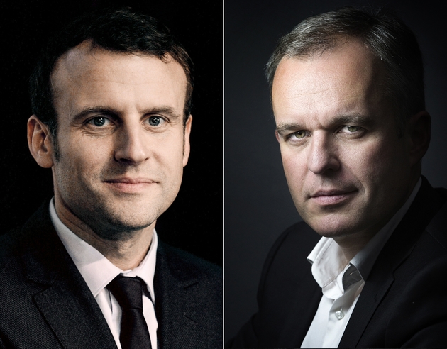 Montage en date du 22 février 2017 de portraits d'archives d'Emmanuel Macron le 13 avril 2016 à Paris, et de François de Rugy le 8 septembre 2015 à Paris