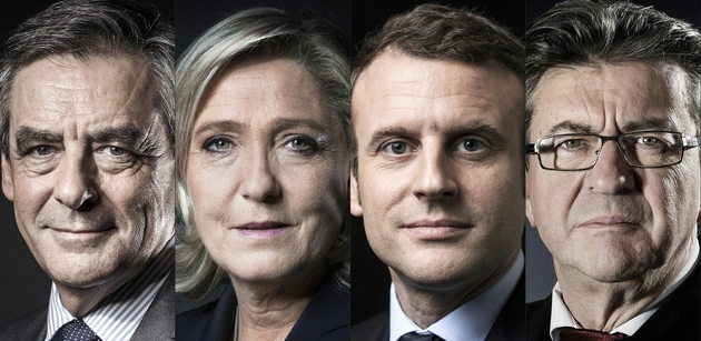 Montage photo créé le 14 avril 2017 de François Fillon, Marine Le Pen, Emmanuel Macron et Jean-Luc Mélenchon