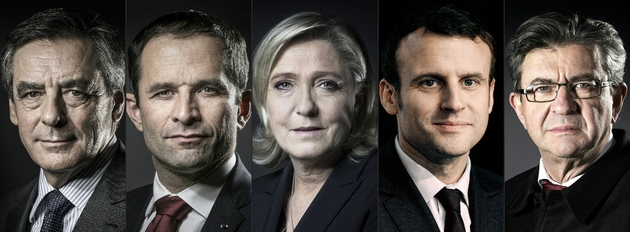 François Fillon, Benoît Hamon, Marine Le Pen, Emmanuel Macron, Jean-Luc Mélenchon (de G à D), débattront le 20 mars sur TF1