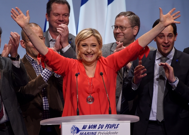 Marine Le Pen lors d'une réunion publique à Déols, près de Châteauroux, le 11 mars 2017 