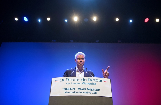 Le président de la région Auvergne-Rhône-Alpes et candidat à la présidence de LR Laurent Wauquiez, lors d'un meeting à Toulon, le 6 décembre 2017