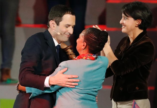 Benoît Hamon, Christiane Taubira et Najat Vallaud-Belkacem à Bercy à Paris, le 19 mars 2017