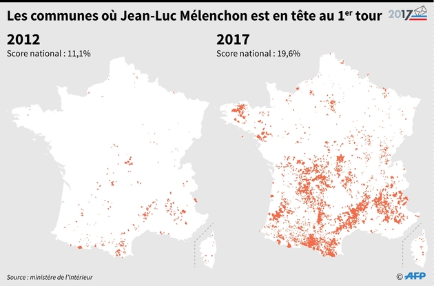 Les communes où Jean-Luc Mélenchon est en tête au premier tour