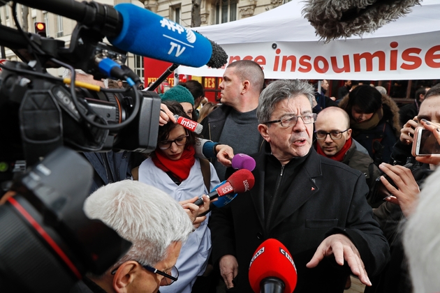 Jean-Luc Mélenchon en marge d'une manifestation, le 7 mars 2017 à Paris
